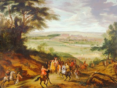 Lodewijk XIV met Versailles in de verte door Jean Baptiste Martin